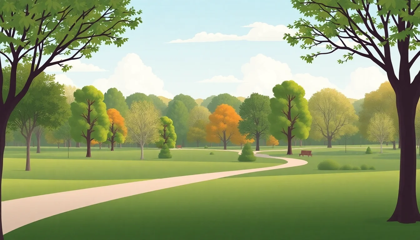 맑고 푸른 하늘 아래, 울창한 나무와 굽이치는 산책로가 있는 그림 같은 공원.