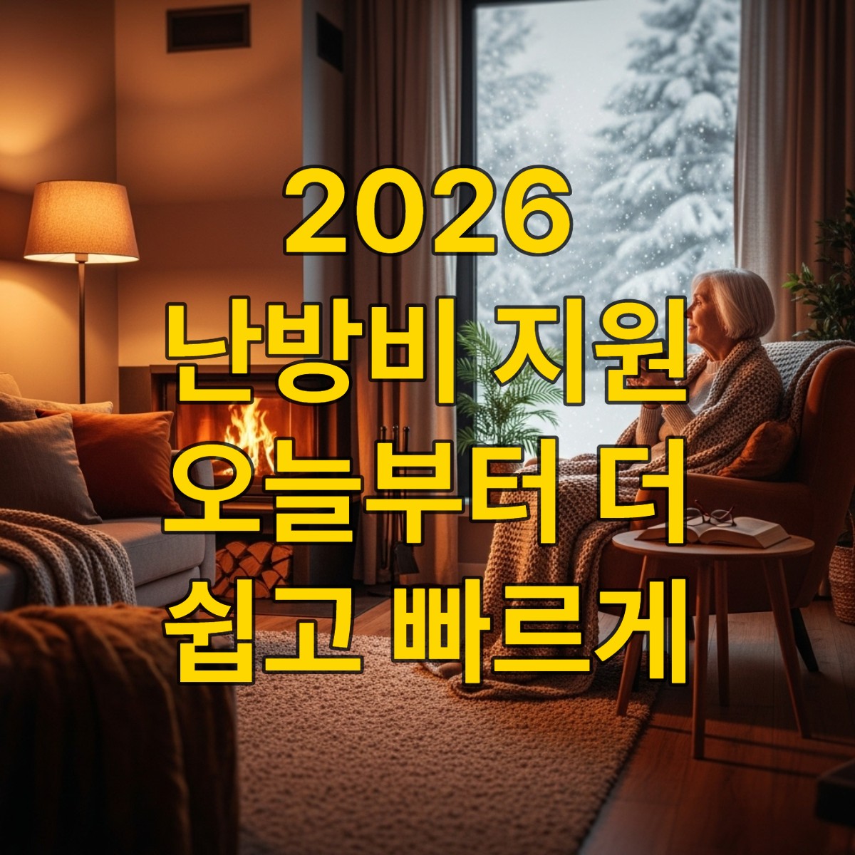 따뜻한 난방으로 아늑하고 편안해 보이는 거실에서 책을 읽는 사람의 모습. 2026년 취약계층 난방비 지원으로 겨울을 걱정 없이 보내는 모습을 상징.