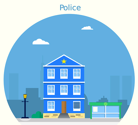 하늘색 바탕 화면에 파란색 3층 건물이 있다. 이 건물은 경찰서로 층마다 하얀색의 창문 3개가 있다.
