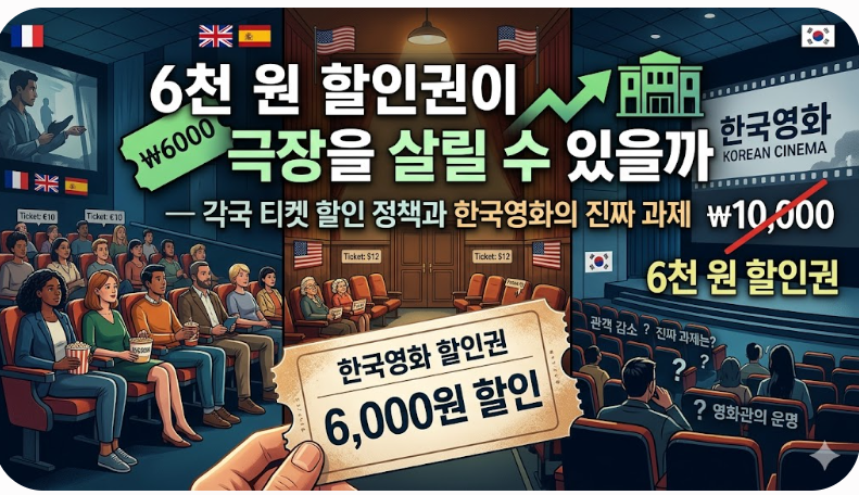 '6천 원 할인권이 극장을 살릴 수 있을까'라는 제목과 함께, 각국의 영화 관람 환경과 한국 영화계의 고민을 시각적으로 담아낸 이미지입니다. 상단에는 프랑스, 영국, 스페인, 미국의 국기와 함께 해당 국가들의 영화관 모습과 티켓 가격이 비교되어 있습니다. 하단에는 한국의 텅 빈 영화관과 '₩10,000'에 줄이 그어진 칠판, 그리고 '한국영화 할인권 6,000원 할인'이라고 적힌 티켓을 쥔 손이 있어, 가격 할인 정책의 실효성과 '관객 감소', '영화관의 운명'과 같은 한국 영화계의 진짜 과제에 대한 질문을 던집니다.