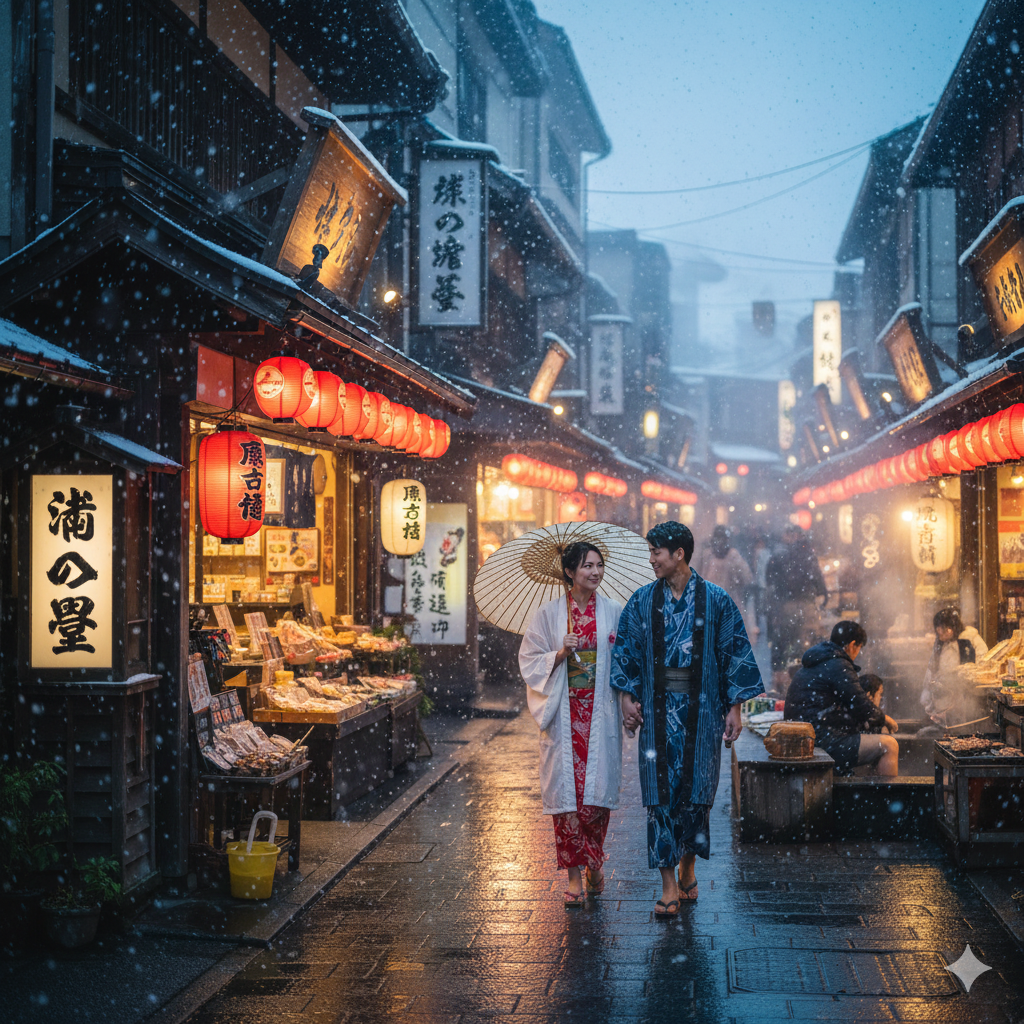눈이 내리는 저녁, 일본 전통 거리에서 유카타를 입은 남녀 커플이 우산을 쓰고 다정하게 손을 잡고 걸어가고 있어요. 붉은 초롱불이 늘어선 상점가에는 다양한 먹거리와 상품이 진열되어 있으며, 주변에는 다른 여행객들이 분주하게 움직이거나 길거리 음식을 즐기고 있어요. 전통적인 일본의 겨울 밤 풍경이 사실적으로 묘사되어 있어요.