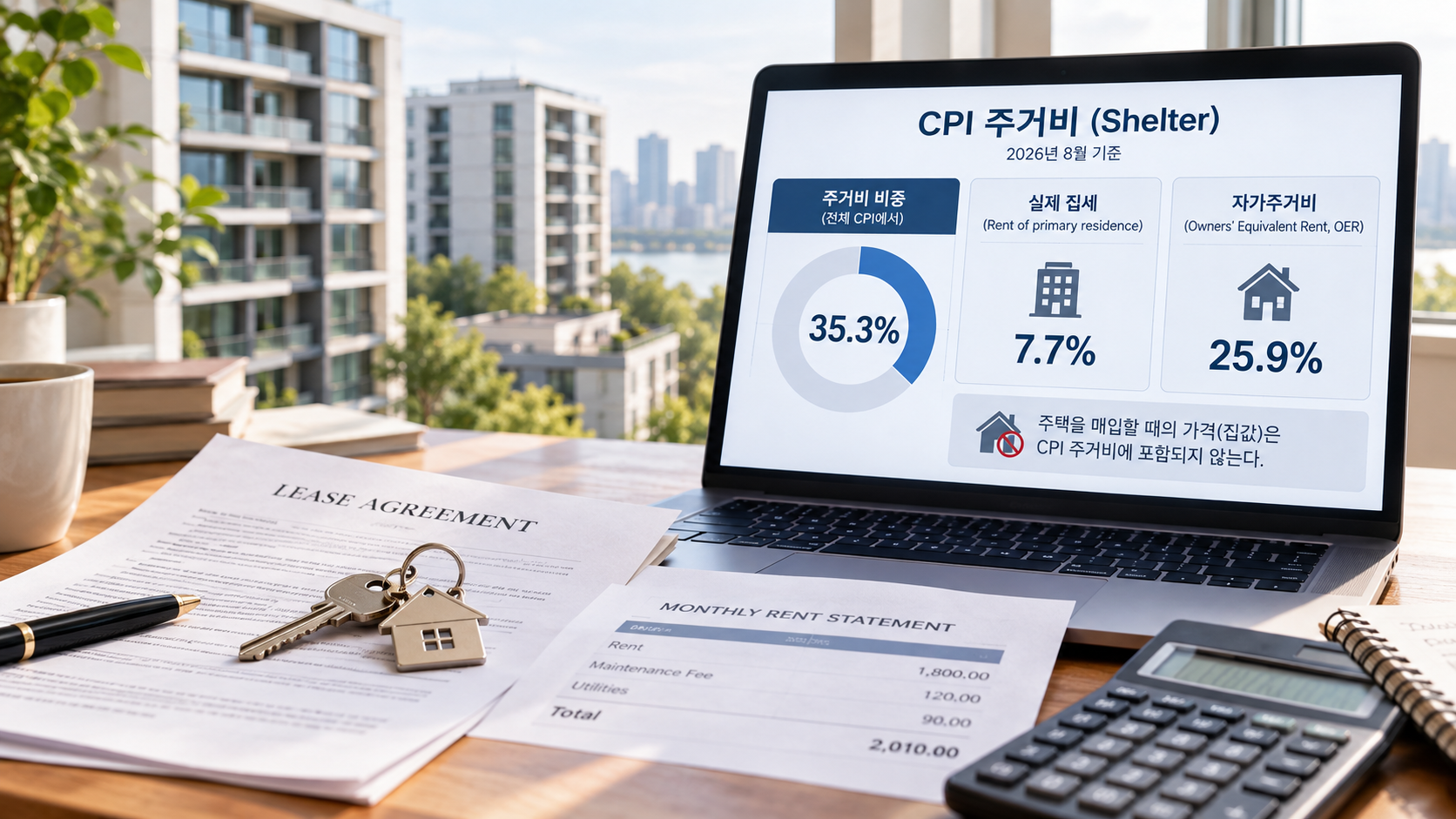 아파트를 배경으로 임대계약서와 주택 열쇠, 월세 명세서가 놓여 있고 노트북 화면에 CPI 주거비 35.3%, 실제 집세 7.7%, 자가주거비 OER 25.9%가 표시된 이미지.