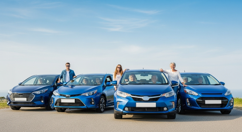 다양한 연령대의 사람들이 만족스럽게 중고 하이브리드 SUV를 시승하는 모습, 현명한 구매 결정을 내린 소비자들의 즐거움을 표현