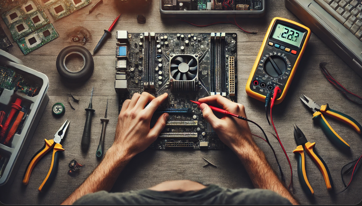 멀티미터로 메인보드를 테스트하는 손