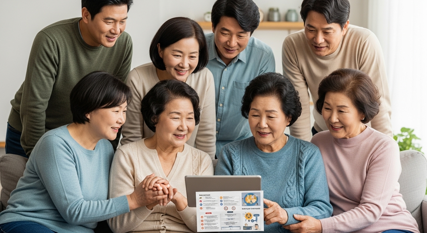 태블릿을 보며 가족돌봄수당 정보를 함께 확인하는 화목한 한국인 가족의 모습. 돌봄 대상자와 돌봄 제공자가 함께 지원 정보를 살펴보는 장면.