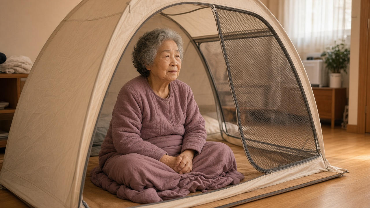 바닥형 난방텐트 안에서 환기창을 열어 둔 채 쉬는 70대 한국인 할머니