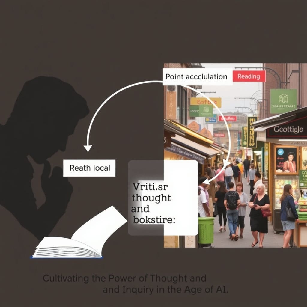 한쪽에는 생각에 잠긴 사람의 실루엣과 책이 놓여 있고, 다른 한쪽에는 활성화된 지역 상권의 모습을 배치합니다. 이 두 요소가 서로 연결되는 화살표나 선으로 이어져 '독서 → 포인트 적립 → 지역서점 이용'이라는 선순환 구조를 표현합니다. 인공지능 시대에 필요한 '사유력'과 '질문하는 힘'을 기른다는 문구를 작게 삽입하여 제도의 깊은 의미를 전달합니다.