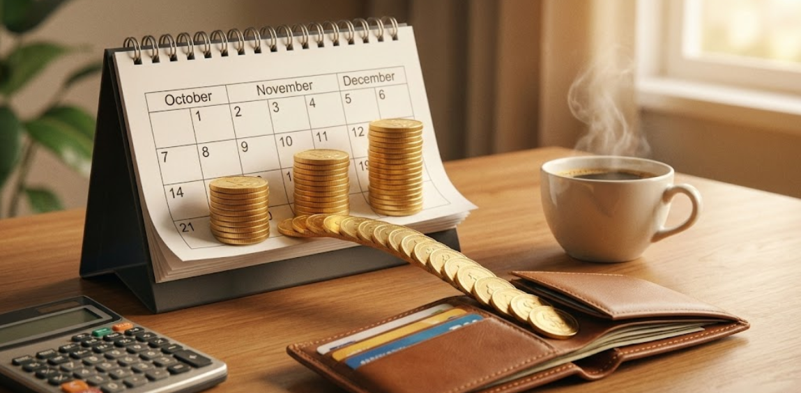 매월 정기적으로 들어오는 배당금 소득을 시각화한 달력과 동전 이미지