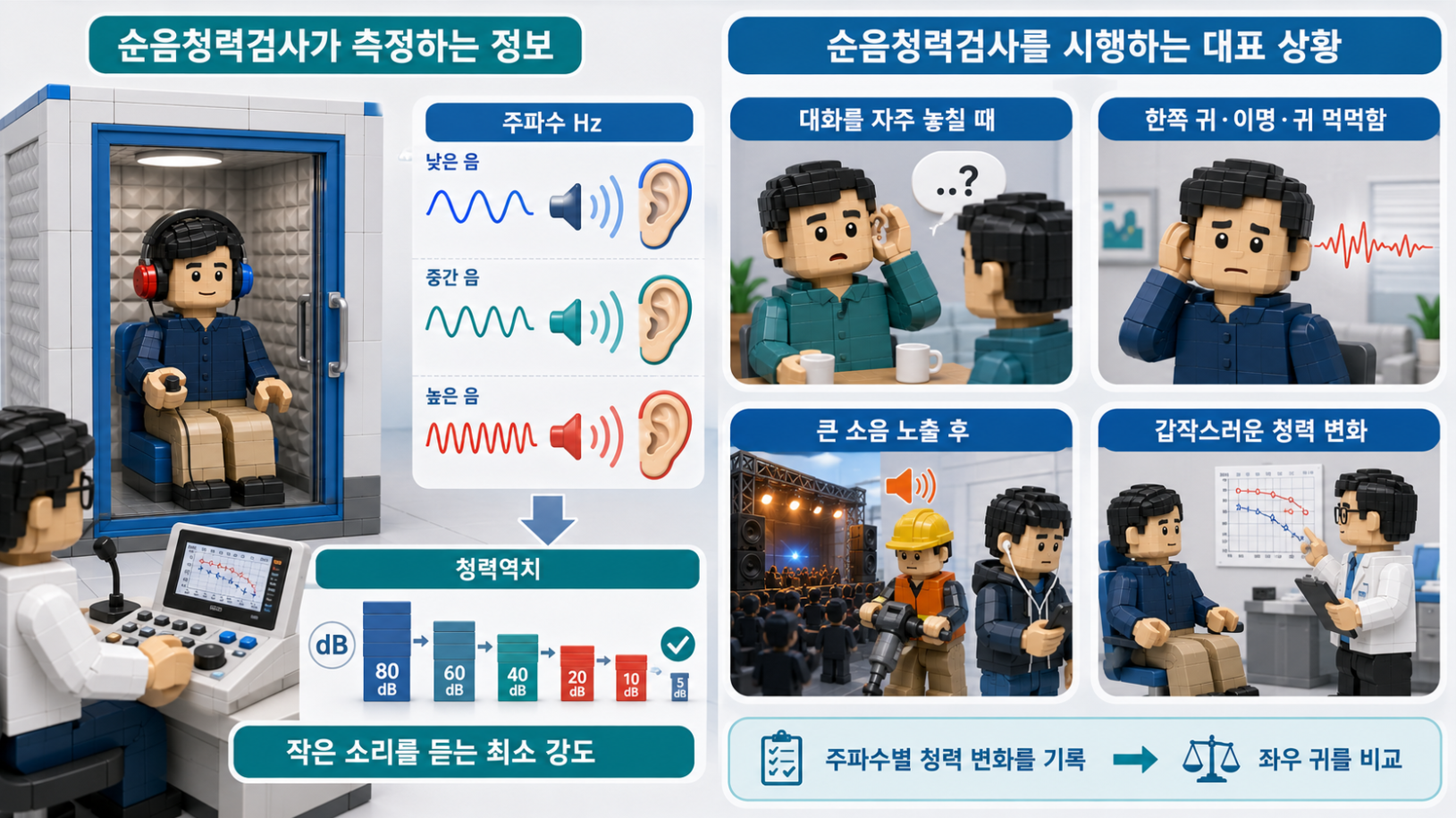 순음청력검사가 측정하는 정보와 검사를 시행하는 대표 상황 의료 인포그래픽