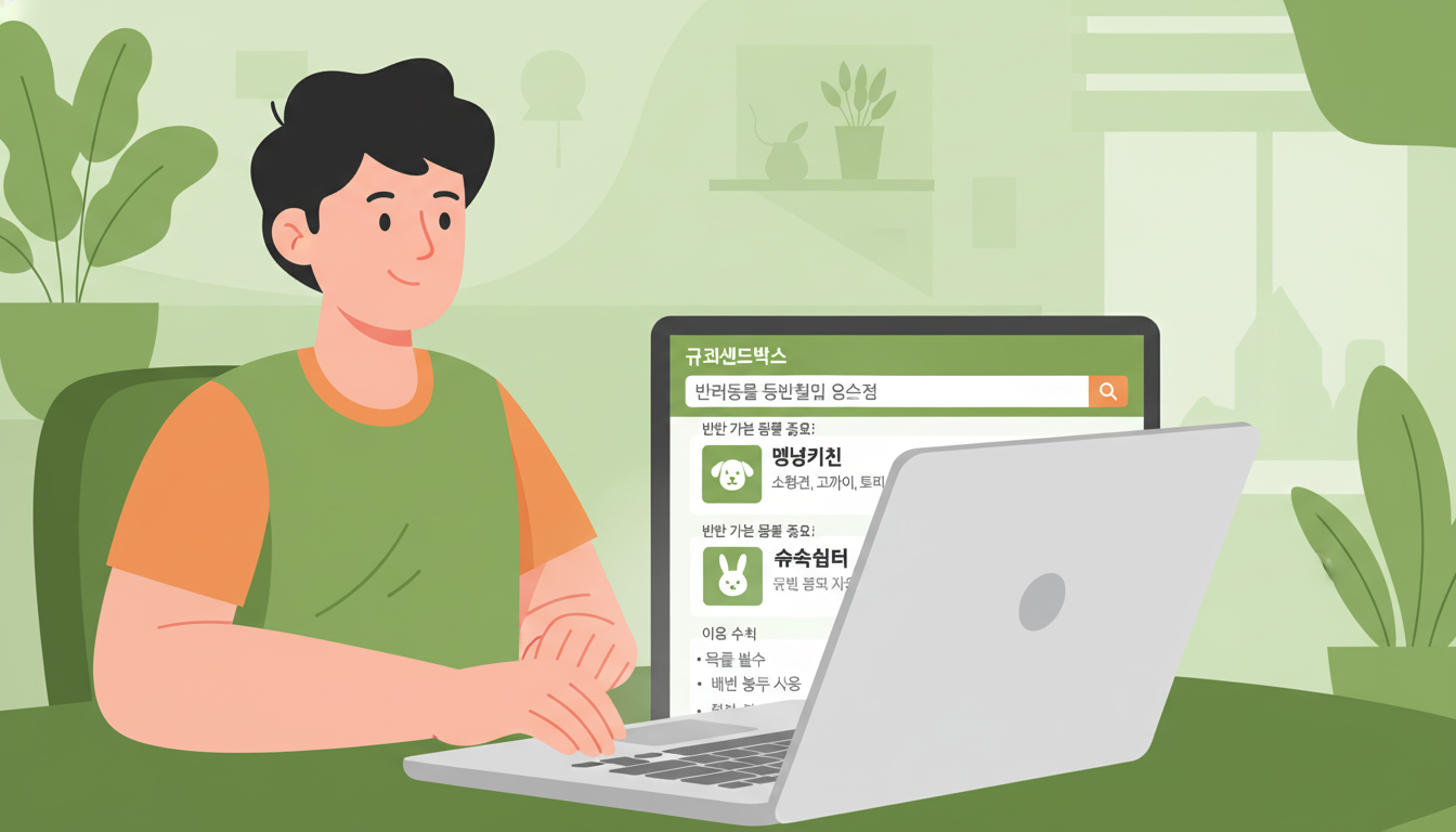 노트북으로 규제샌드박스 누리집에서 '반려동물 동반출입 음식점'을 검색하고 결과를 확인하는 모습.