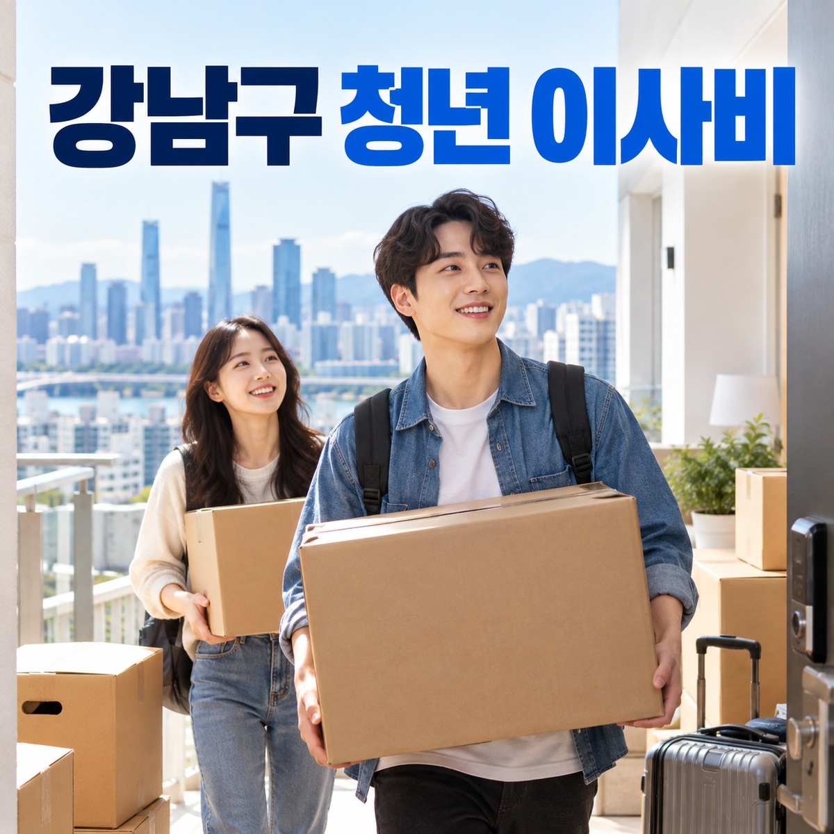 이삿짐 상자를 든 두 청년과 강남구 청년 이사비 안내 문구가 보이는 대표 이미지