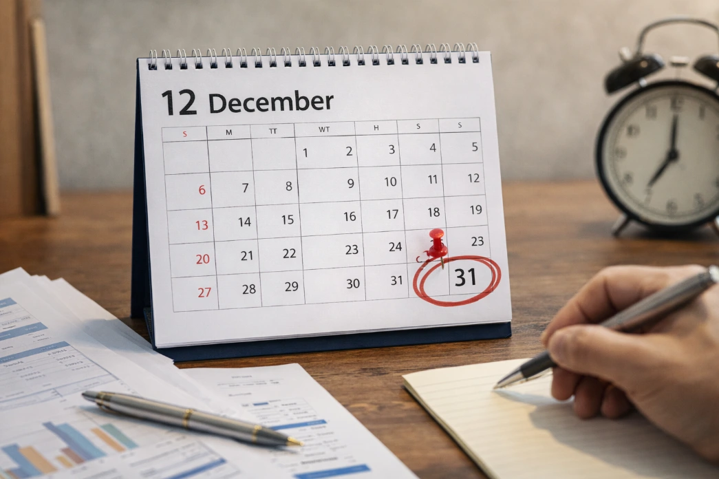 책상 위에 놓인 12월 달력과 서류, 사무용품을 통해 소상공인 정책자금 신청 마감 시점을 상징하는 이미지