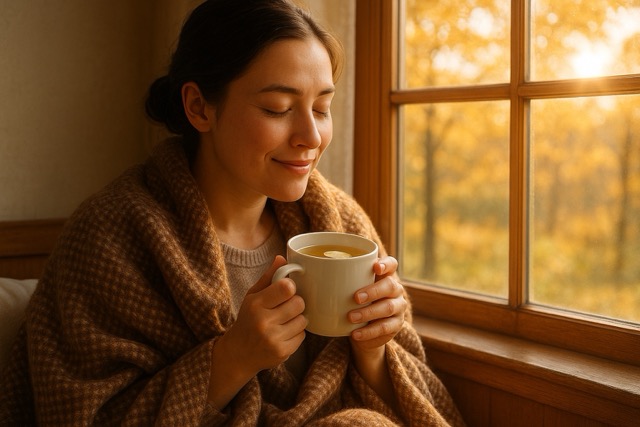담요를 덮고 생강차를 마시는 여성