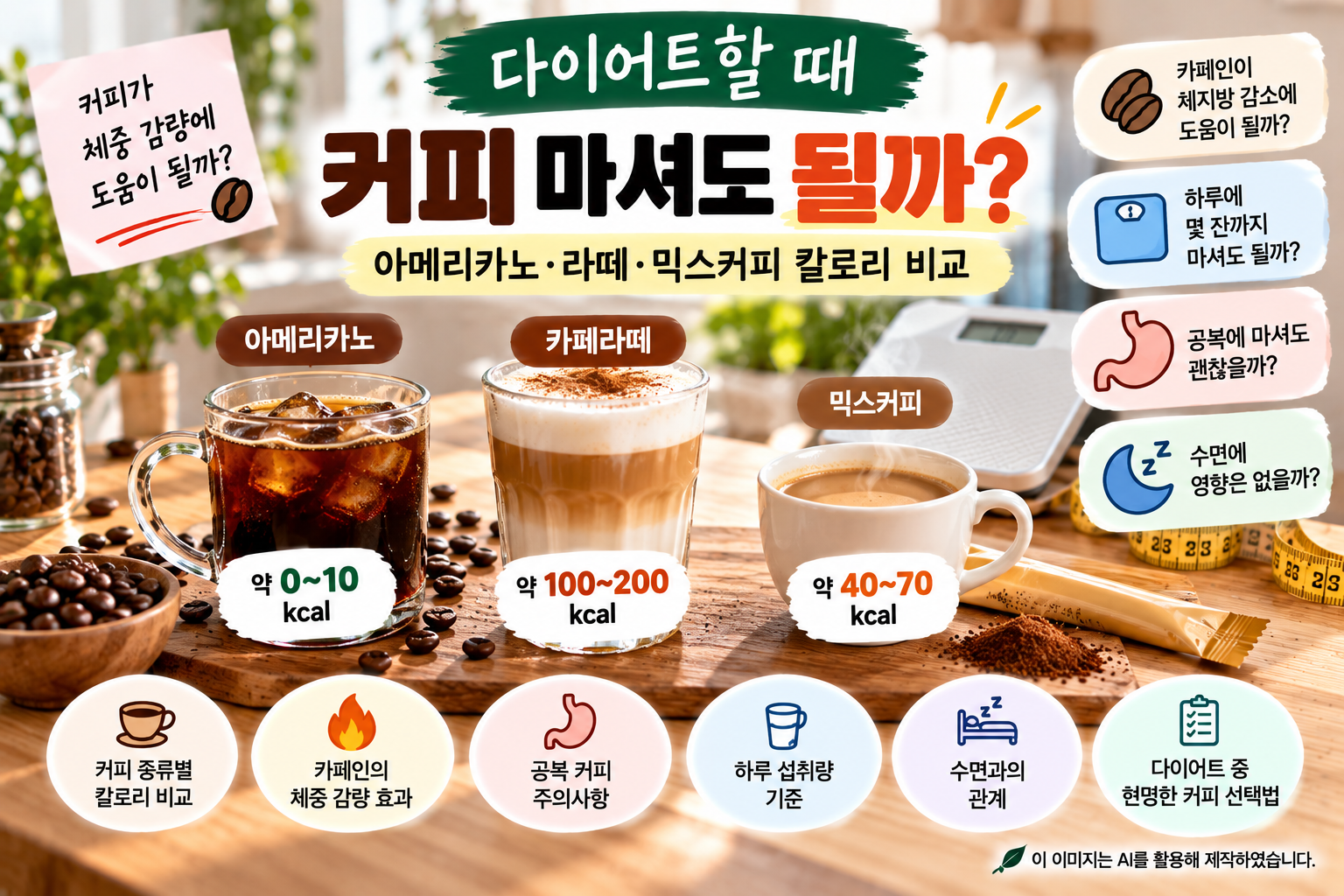 다이어트 중 아메리카노·카페라떼·믹스커피의 칼로리 차이와 카페인이 체중 감량에 미치는 영향을 설명하는 이미지