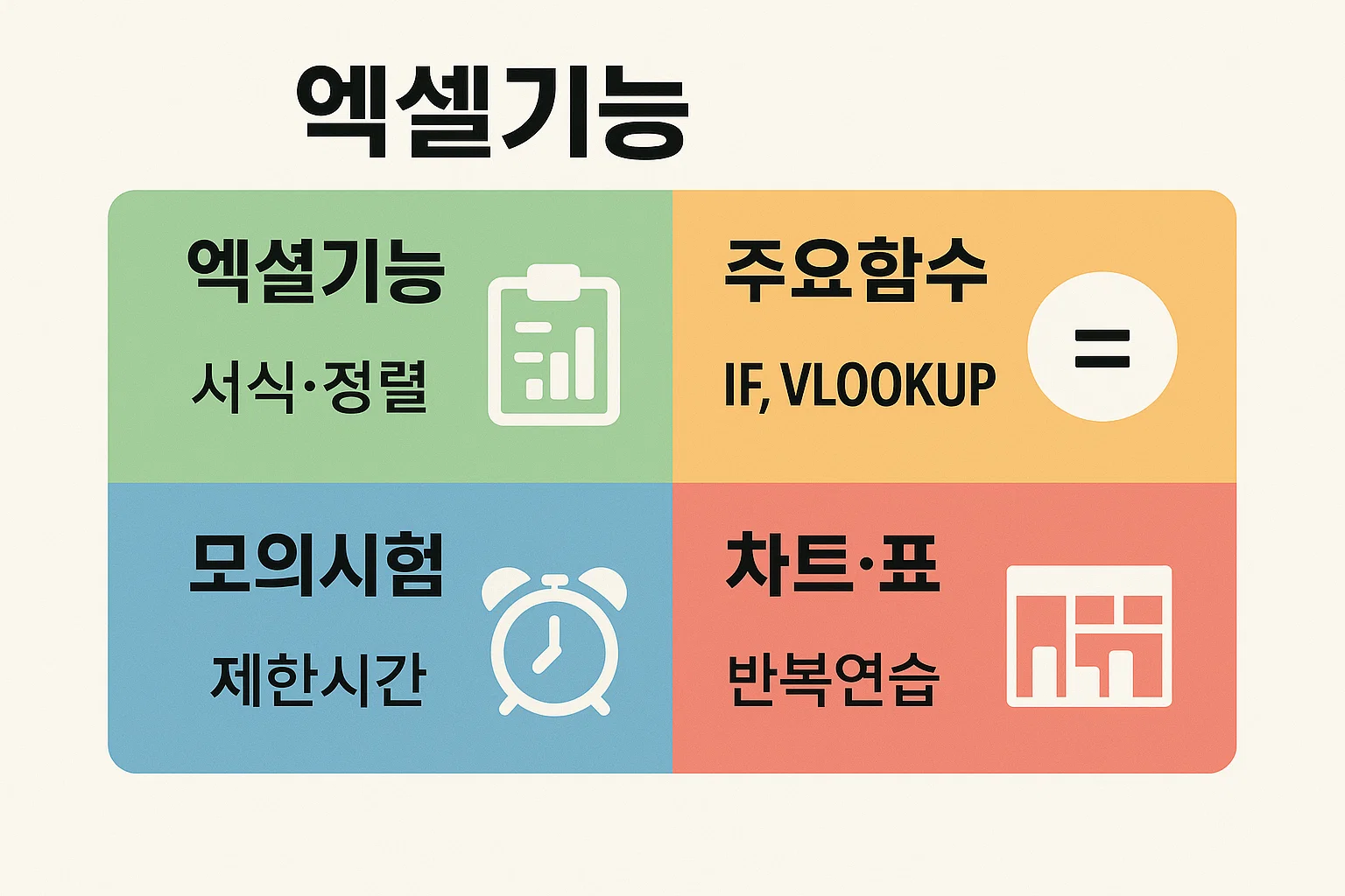 컴활 2급 자격증 실기 시험 준비를 위한 엑셀 기능, 주요 함수, 모의시험, 차트 및 표 연습 전략을 담은 핵심팁 안내 이미지