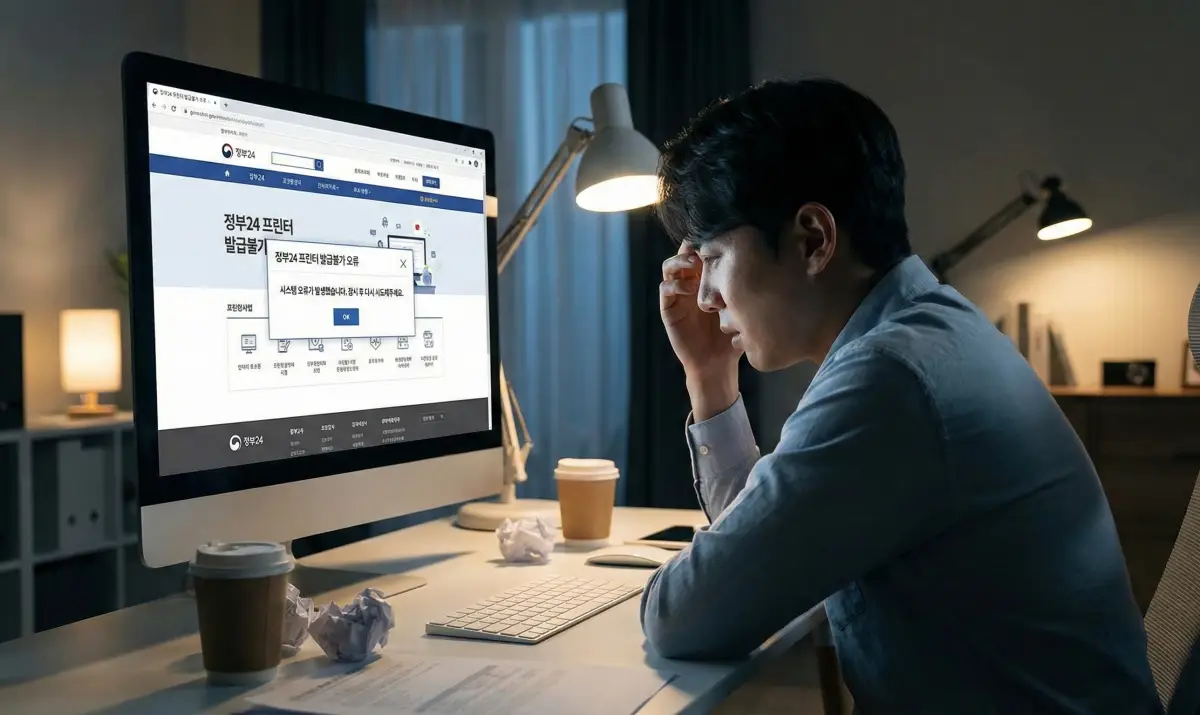 정부24 프린터 발급불가 오류 화면과 곤란해하는 사용자의 모습