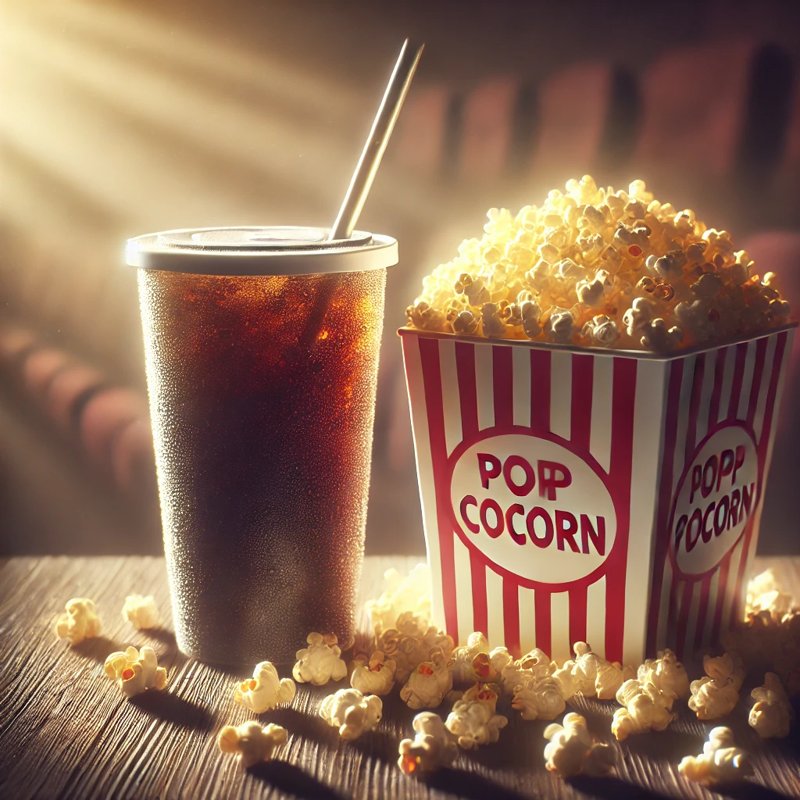 A realistic close-up of a movie theater snack set, 영화관 팝콘세트