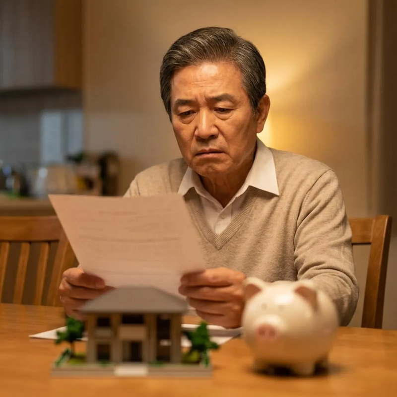 2026년 건강보험 피부양자 자격 상실에 대해 걱정하는 은퇴자의 모습과 건강보험료 고지서 상징 이미지