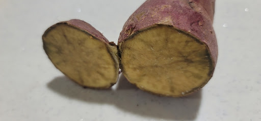 썩은 고구마를 잘라낸 뒤 시간이 지나며 까맣게 변한 단면