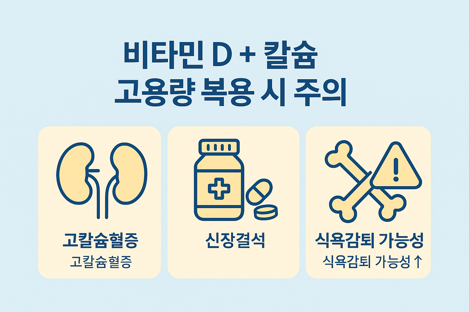 종합비타민 및 칼슘 보충제를 함께 고용량으로 복용할 때 발생할 수 있는 고칼슘혈증, 신장결석, 식욕감퇴 등의 부작용을 알려주는 인포그래픽입니다.