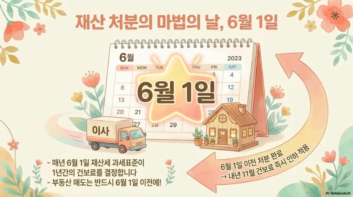 건강보험료 줄이는 방법: 재산 처분 시 건강보험료 반영 기준일인 6월 1일의 중요성을 달력과 이사 트럭 일러스트로 설명하는 이미지. 매년 6월 1일 재산세 과세표준이 1년간의 건보료를 결정하므로 부동산 매도는 반드시 6월 1일 이전에 완료해야 다음 해 11월부터 보험료 인하가 적용된다는 내용이 담겨 있다.