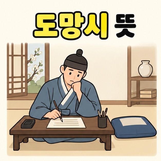 도망시 뜻이라는 제목 아래 전통 옷차림의 문인이 빈 방석 옆 책상에서 붓을 들고 생각에 잠긴 그림