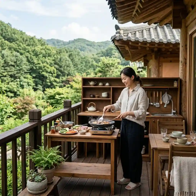 경기도 국내 료칸 독채 펜션 테라스에서 취사하는 모습