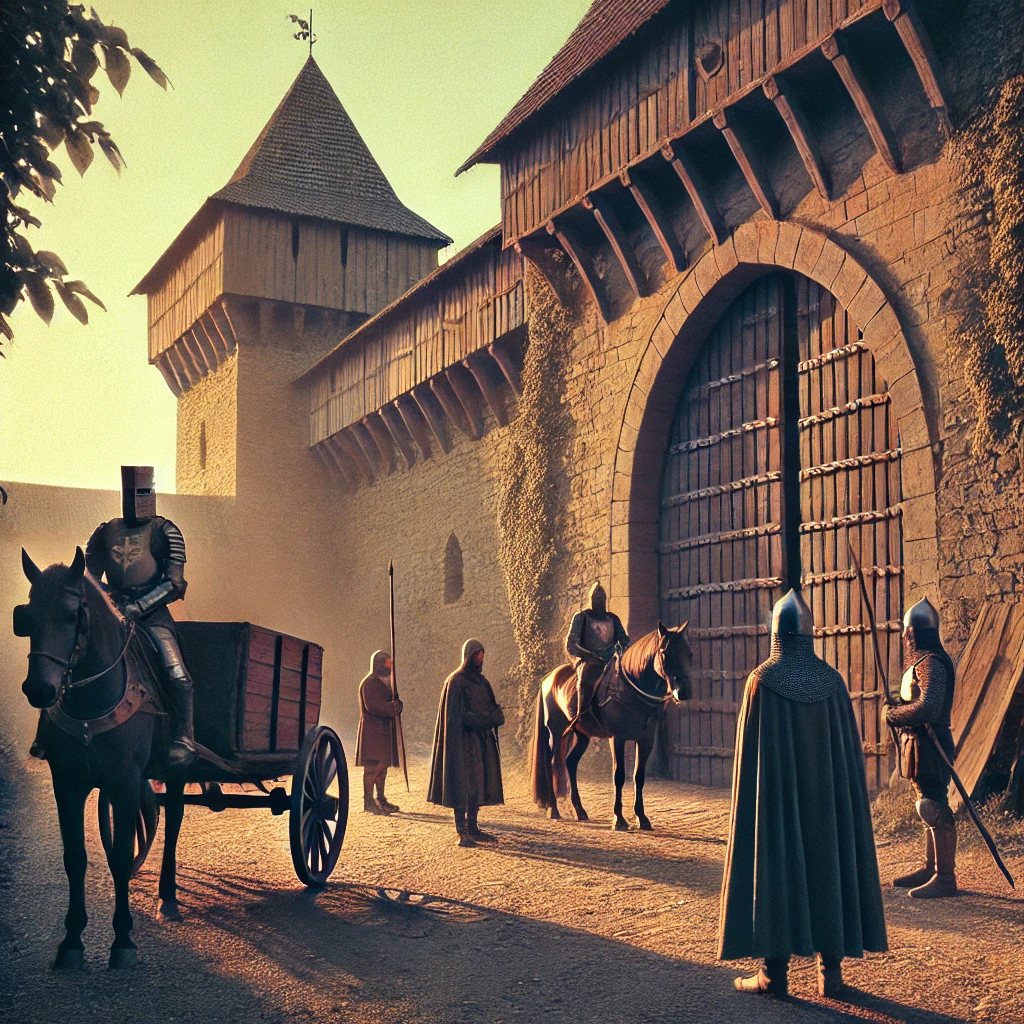 서유럽 봉건제도 시대의 성문 앞 배경
