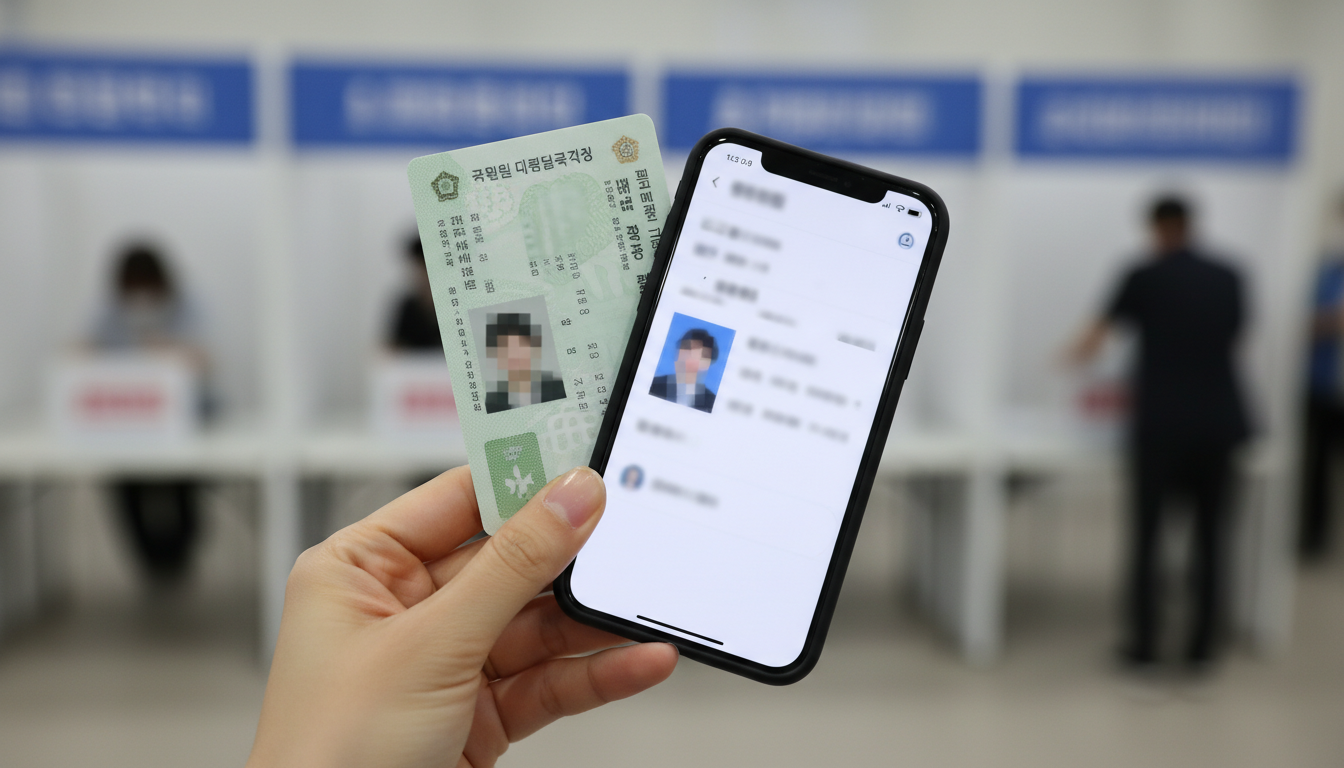 현대 한국인의 손이 주민등록증과 모바일 신분증을 들고 있는 모습. 지방선거 투표를 위한 신분 확인 준비.