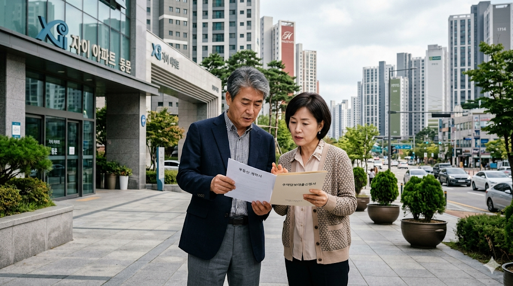 서울 아파트 단지 앞에서 서류를 검토하는 부부