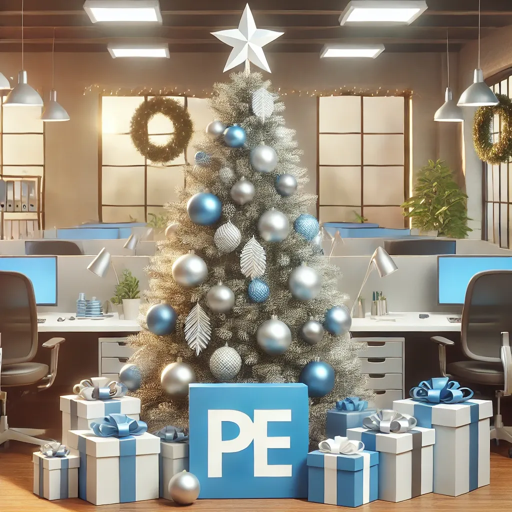사무실에서 실버와 블루 테마로 장식된 크리스마스 PE트리