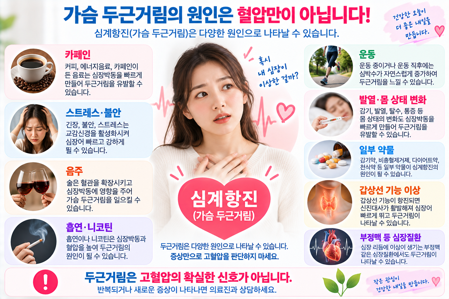 혈압 외에도 카페인과 약물 등 두근거림의 원인이 있음을 보여주는 그림