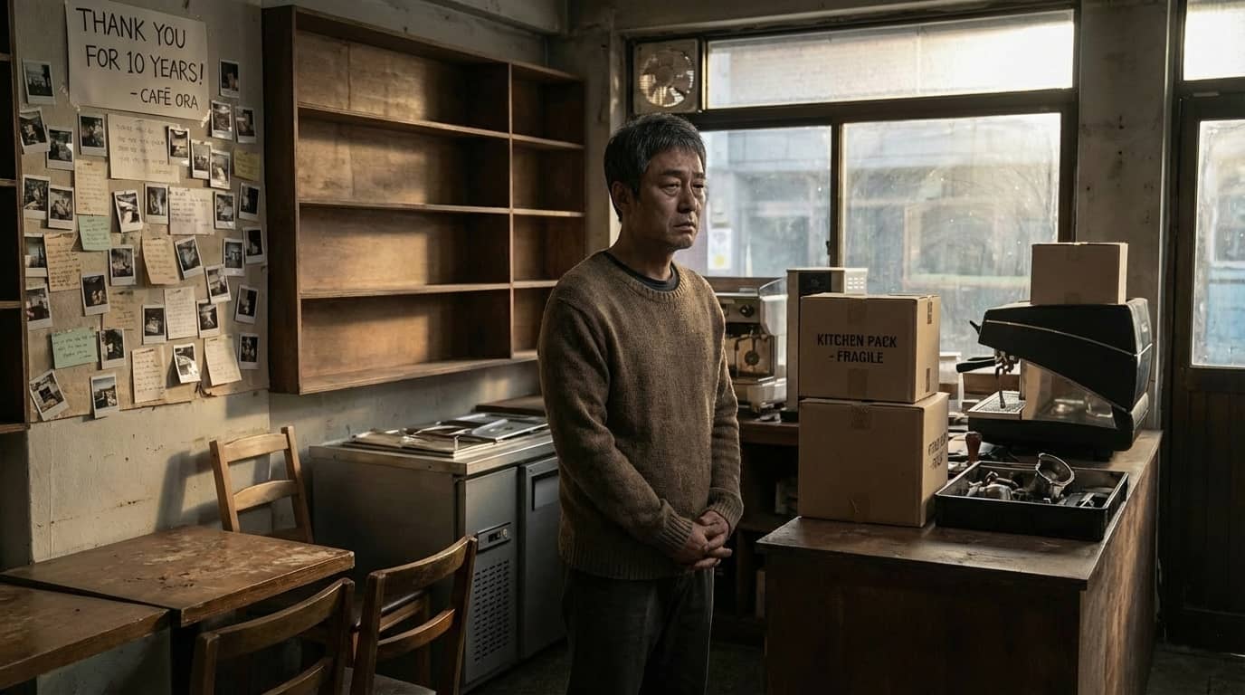 불황에 가게 문을 닫는 자영업자의 모습