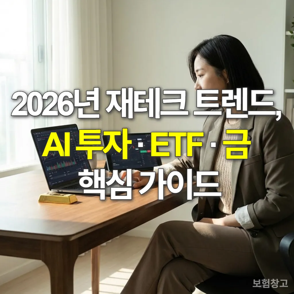 노트북으로 재테크 정보를 확인하고 있는 한국 여성의 모습과 책상 위 금괴, ETF 앱이 실행된 태블릿.