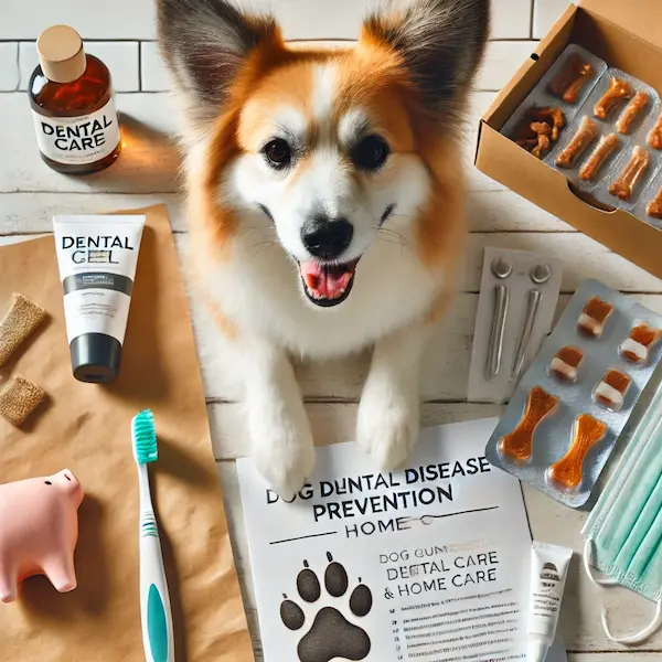 강아지 구강 건강을 위한 칫솔, 덴탈젤, 간식 등 치주관리 도구들의 평면 구성
