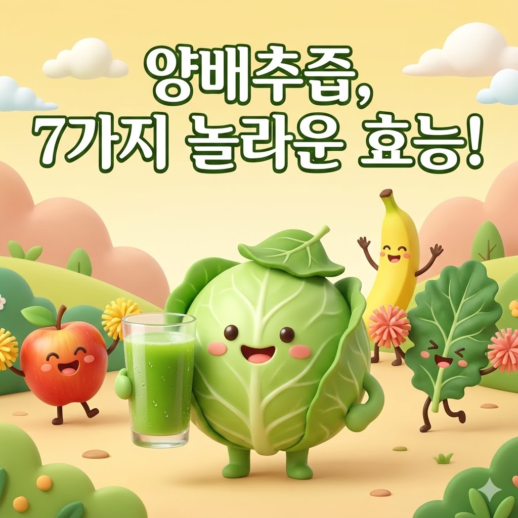 웃는 양배추 캐릭터가 양배추즙을 들고 있는 3D 카툰 일러스트. '양배추즙, 7가지 놀라운 효능!' 문구가 강조된 건강하고 밝은 이미지.