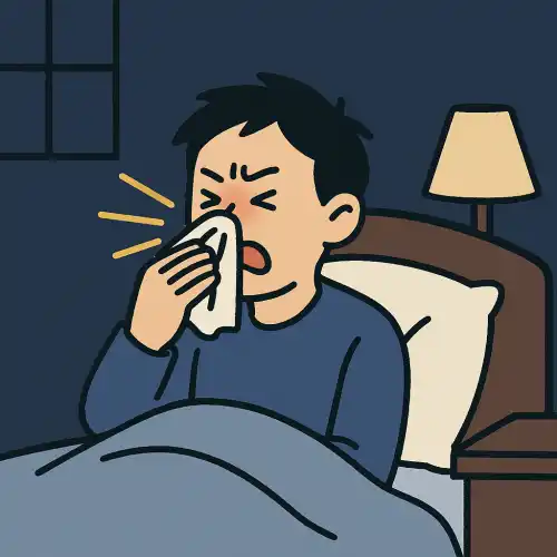 밤에 침대에 앉아 재채기하는 남성 그림