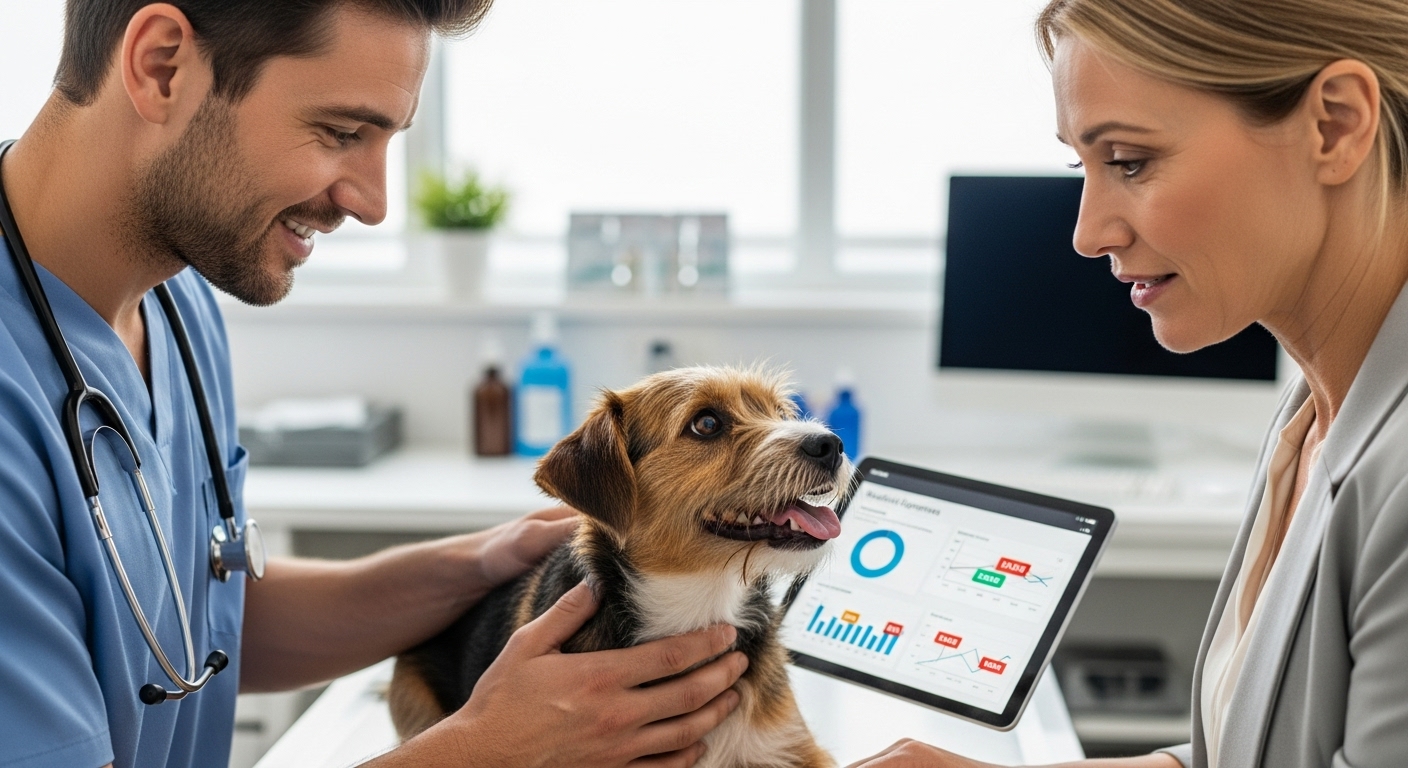 수의사가 강아지를 진찰하며 보호자에게 반려동물 의료비와 보험에 대해 설명하는 모습. 반려동물 건강 관리의 중요성을 나타냄.