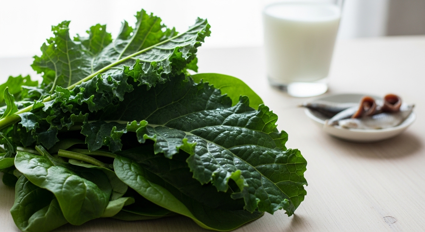 싱싱한 케일과 시금치 잎, 그리고 우유와 멸치 몇 마리가 함께 놓여있는 모습. 뼈 건강에 좋은 비타민 K와 칼슘 급원 식품들.