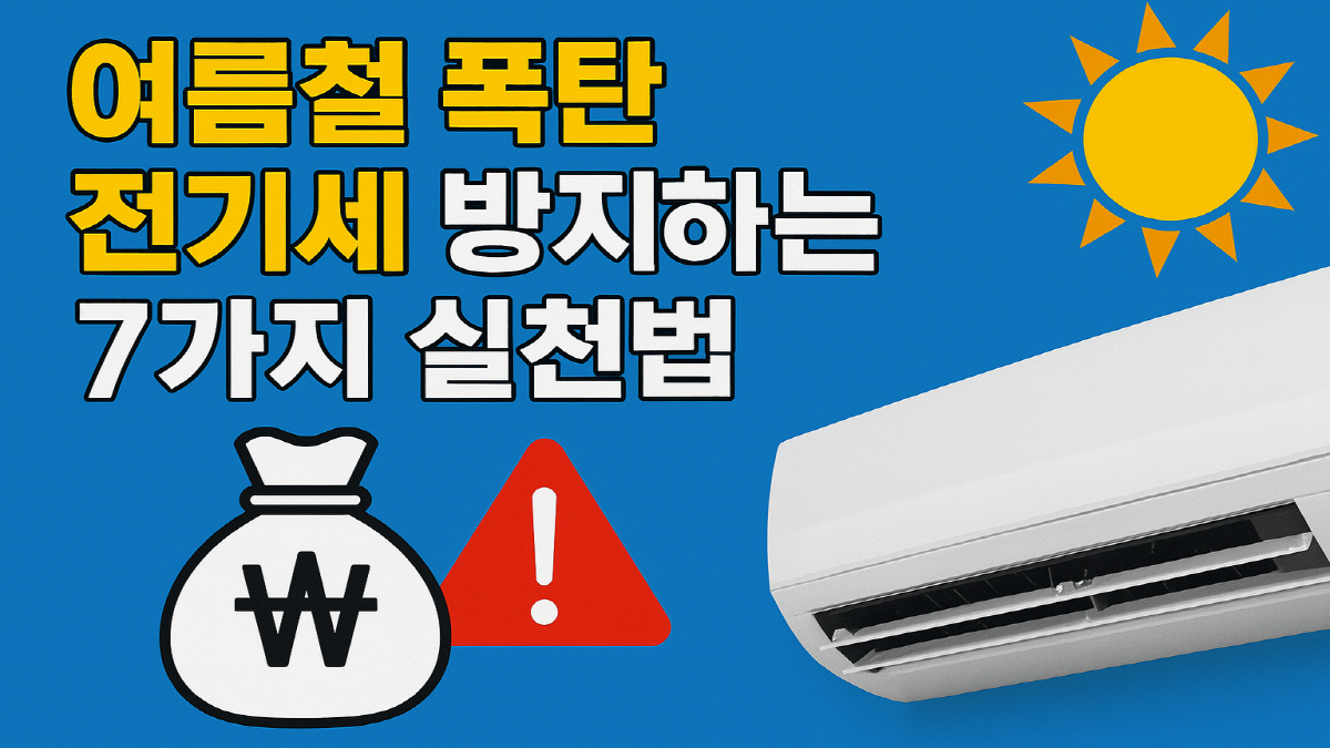 여름철 폭탄 전기세 방지하는 7가지 실천법을 설명한 그래픽 이미지 – 에어컨, 경고 아이콘, 태양, 전기요금 절약 아이콘 포함