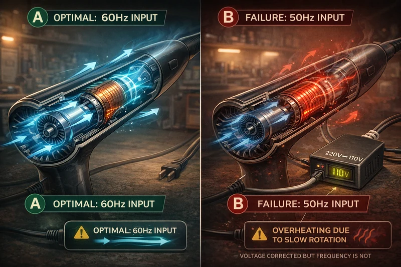 헤어 기기 내부 구조를 절개한 비교 일러스트로, 왼쪽은 60Hz 입력에서 모터가 빠르게 회전하며 파란 공기 흐름과 적정 온도의 히터 코일이 표시되고, 오른쪽은 50Hz 입력에서 회전이 느려져 공기 흐름이 약해지고 히터 코일과 모터가 과열되는 상황을 단계강압기와 함께 설명하는 이미지.