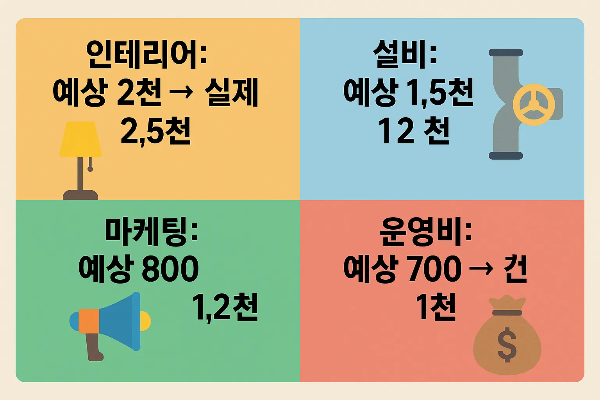 인테리어 예상 2천 실제 2,500, 설비 예상 1,500 실제 1,200, 마케팅 예상 800 실제 1,200, 운영비 예상 700 실제 1,000 등 예산계획 사례 인포그래픽