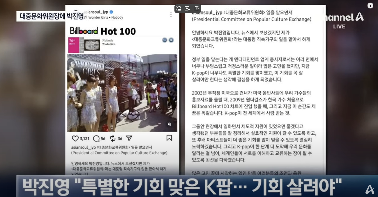 ▲ 장관급 대중문화교류위원장에 가수 박진영 발탁 (출처 : 채널A)