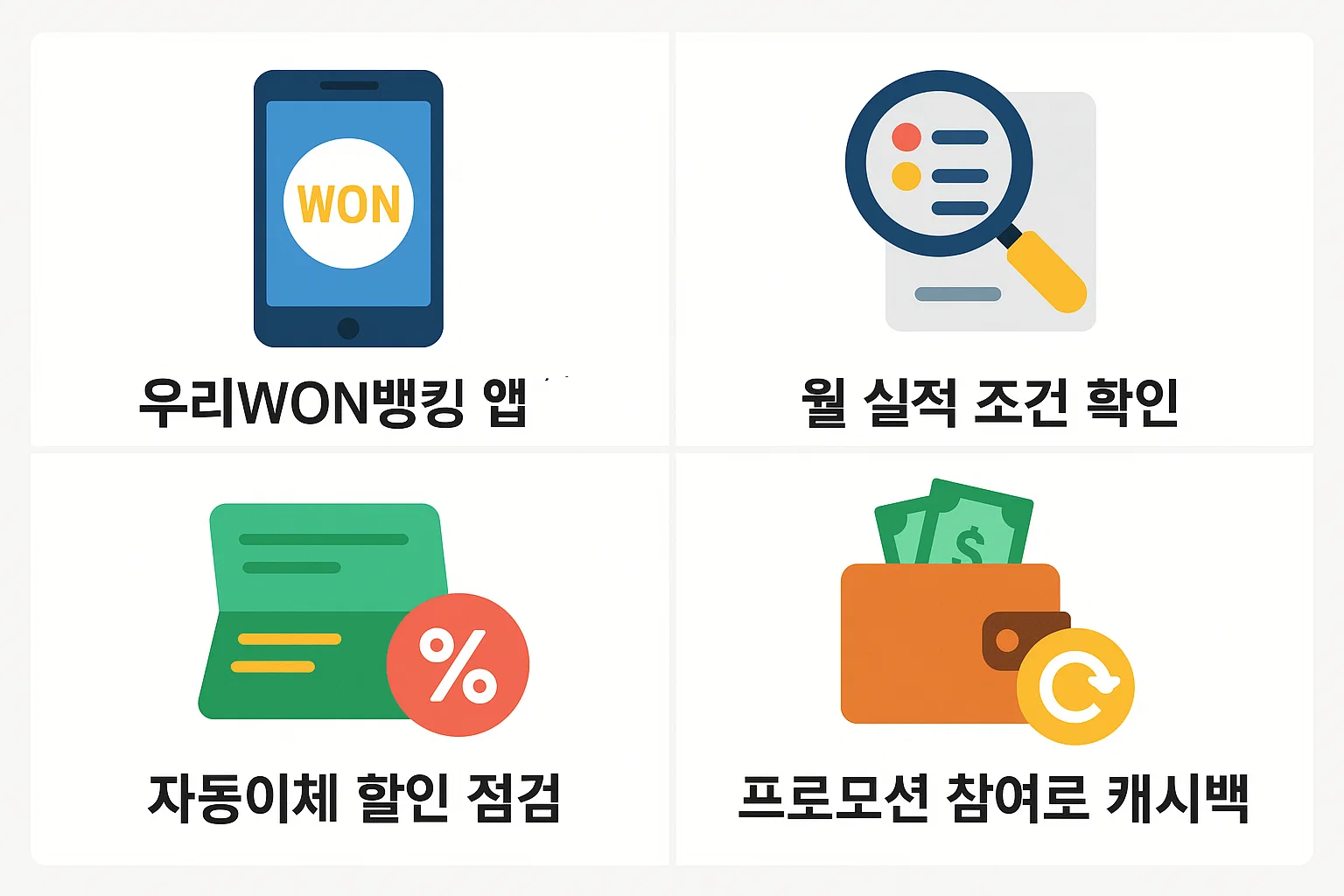 우리WON뱅킹 앱 실적 확인, 자동이체 할인, 캐시백 활용 등 체크카드 관리 꿀팁을 정리한 인포그래픽