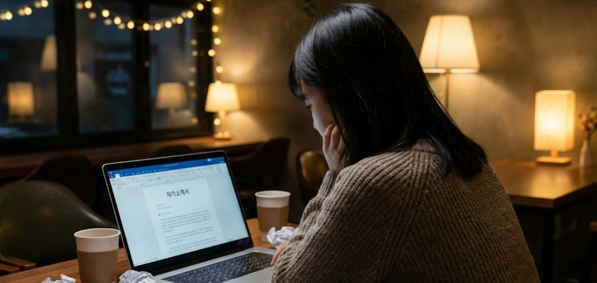 카페에서 노트북으로 자기소개서를 고민하며 쓰고 있는 취업 준비생