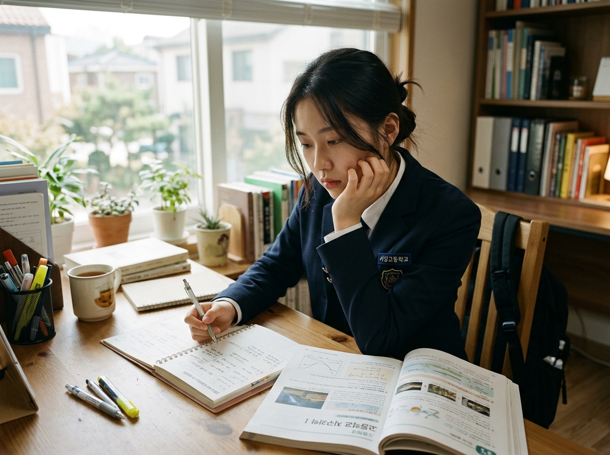 과학 교재와 플래너를 보며 시험 계획을 세우는 학생