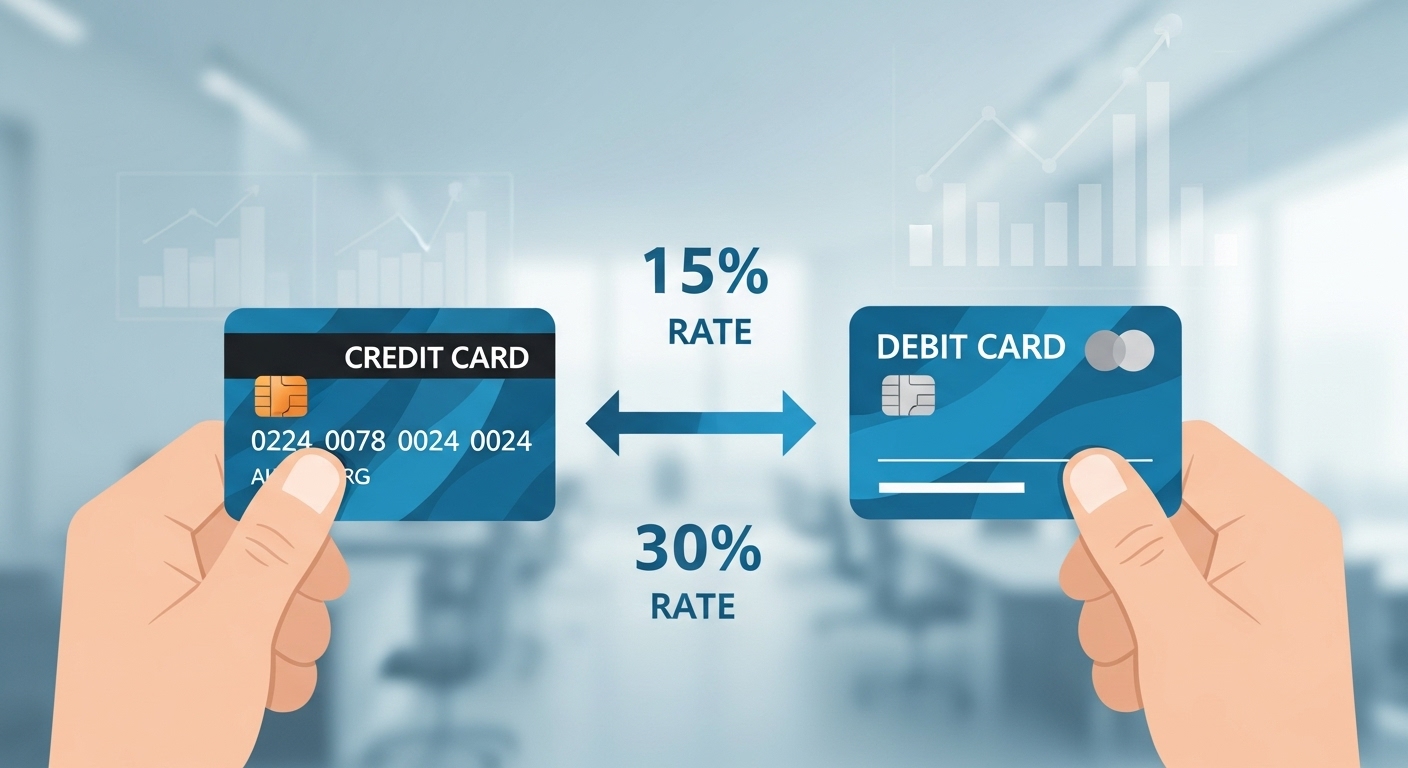 신용카드와 체크카드를 손에 들고 비교하며 연말정산 소득공제율(신용카드 15%, 체크카드 30%) 차이를 시각적으로 보여주는 인포그래픽