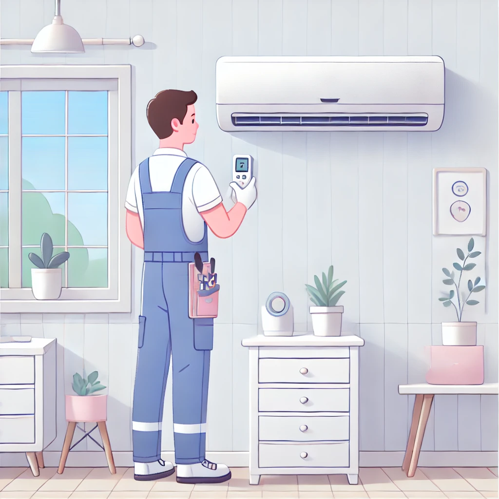 실내 에어컨 점검 중인 기술자