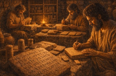 점토판에 우가리트 문자를 새기며 기록을 남기는 장면