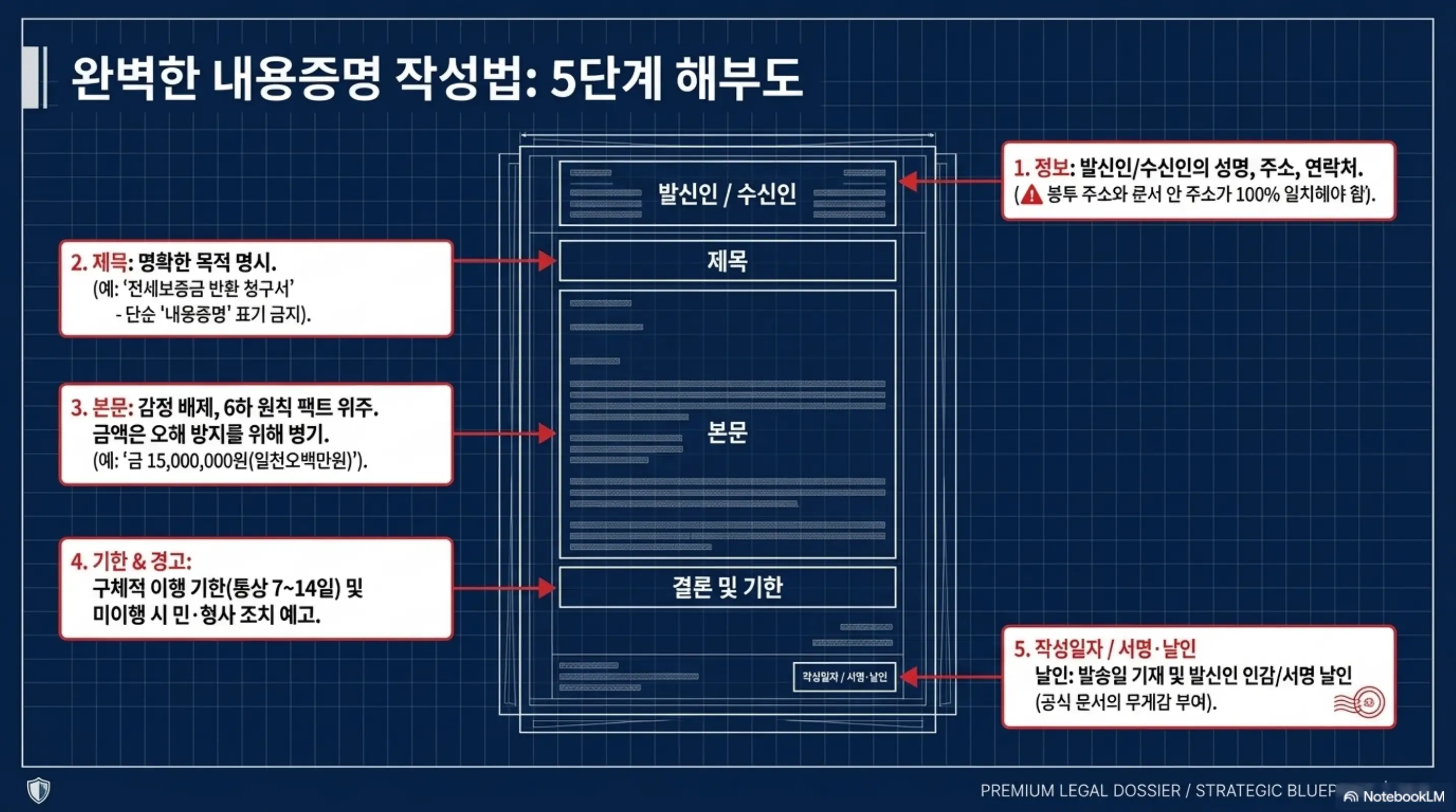 내용증명 작성법 5단계 해부도 웹배너 이미지. 이 이미지는 발신인&middot;수신인 정보 기재부터 제목 설정&amp;#44; 본문 작성&amp;#44; 기한 및 경고&amp;#44; 서명&middot;날인까지 5단계 작성 절차를 시각적으로 전달하며&amp;#44; 블로그의 내용증명 양식과 관련된 내용을 설명함